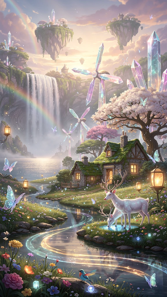 An enchanted valley where colossal crystal windmills slowly turn beneath a sky filled with floating islands and glowing clouds. Gentle rivers of liquid light weave through wildflower meadows while graceful white stags drink beside luminous ponds. Anc
