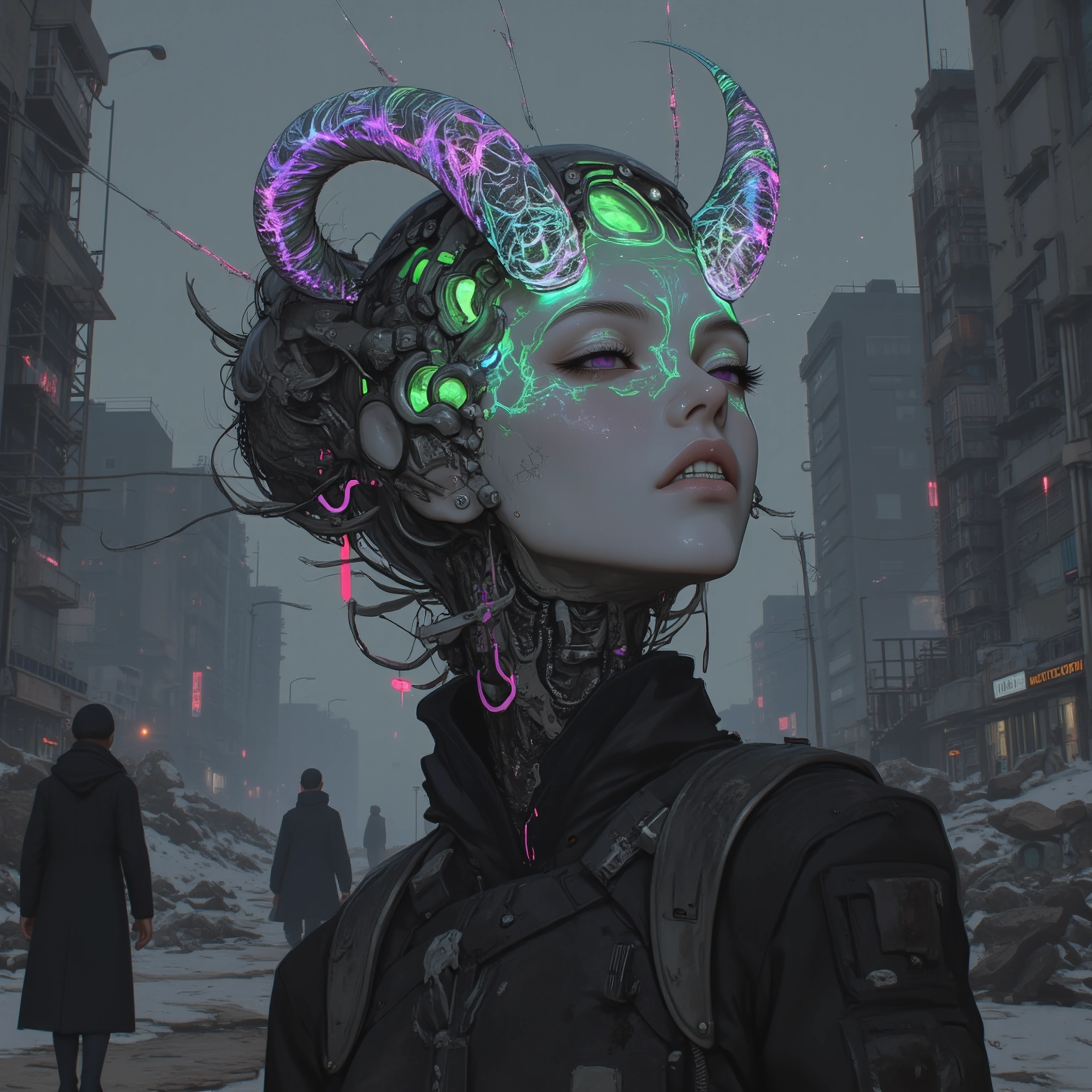 A woman with alabaster skin stands in a desolate urban landscape, her entire head encased in a delicate, translucent helmet that distorts reality arou