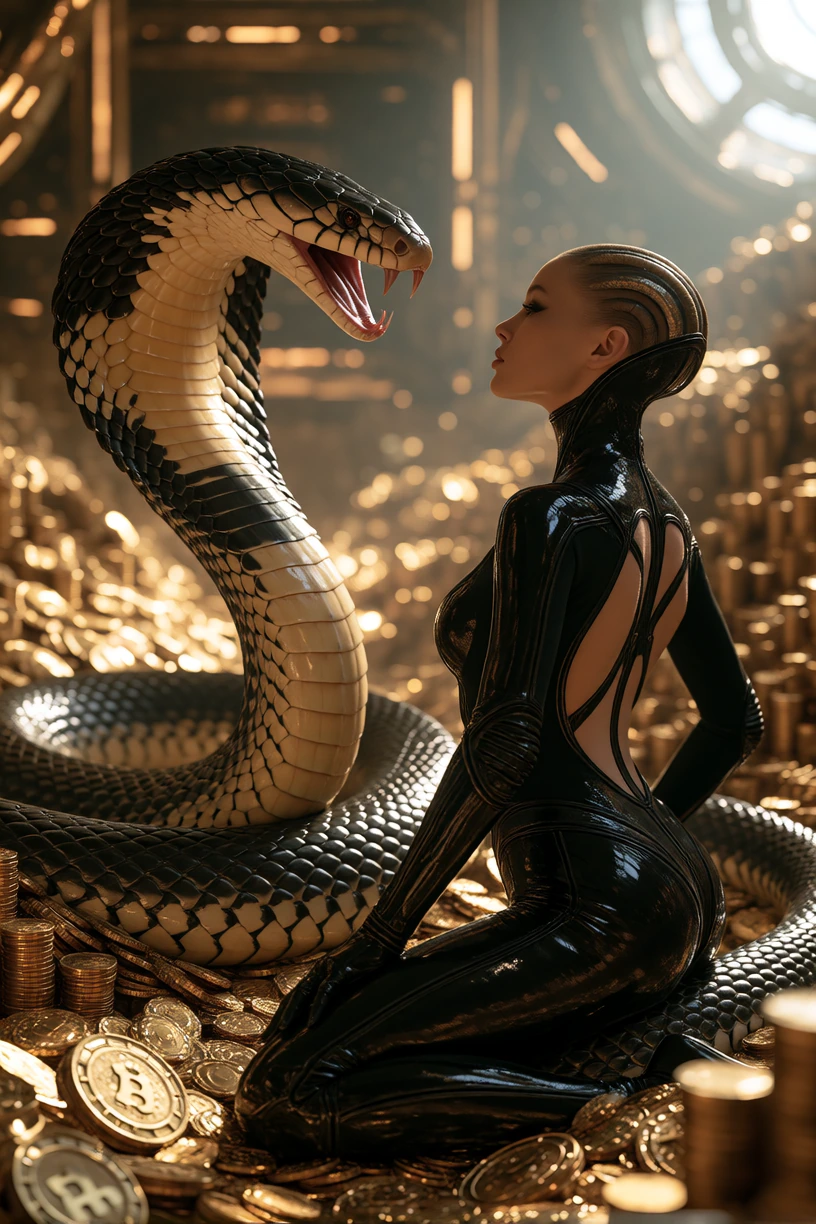 A king cobra coiled on a glittering mountain of gold coins and jewels, fangs bared towards a sleek alien woman in a glossy black latex spacesuit with strategic cut-outs, her glowing eyes narrowed in defiance, neon-lit treasure chamber background. Tit