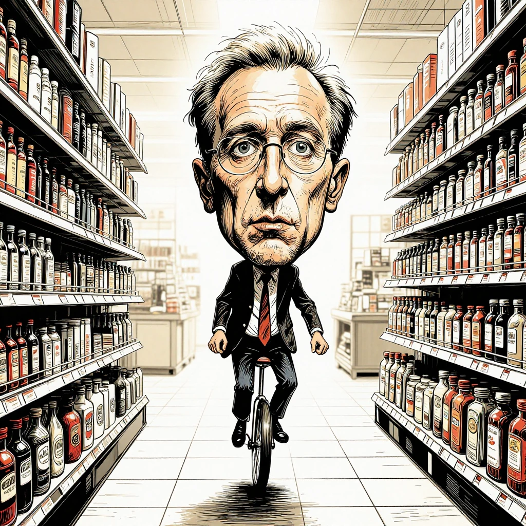 Exaggerated caricature of a middle-aged accountant with a grotesquely oversized head and tiny body riding a unicycle through a grocery store, wild cartoon style with thick black outlines