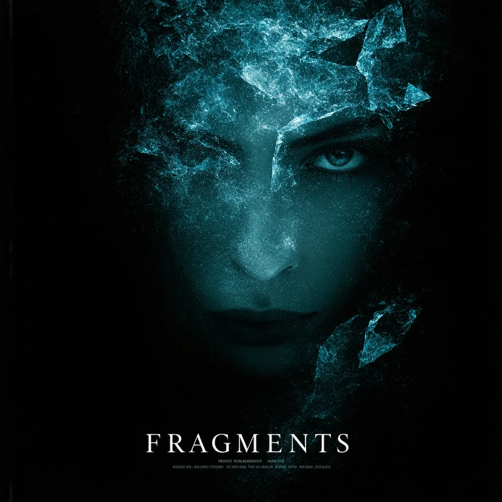 A dramatic and sombre film poster for the film ‘FRAGMENTS’. The central image is a dark and evocative close-up profile portrait of a dramatic woman’s face, which stands out against the shadows with a grave and melancholic expression. The composition 