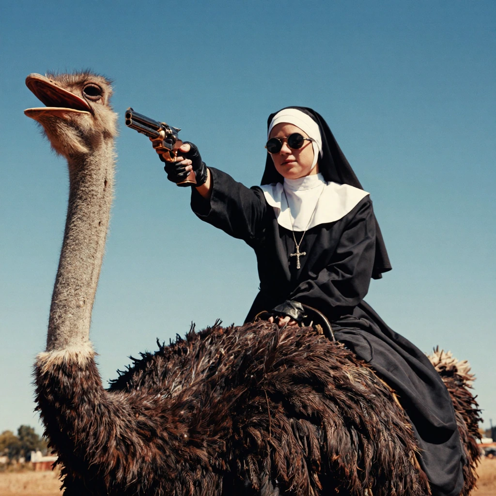 photograph. Low-angle shot a young nun dressed in a black nun's habit and veil. She wears dark round sunglasses and black leather gloves, aiming a shiny gold-plated revolver toward the upper left. A silver crucifix necklace hangs from her neck as she