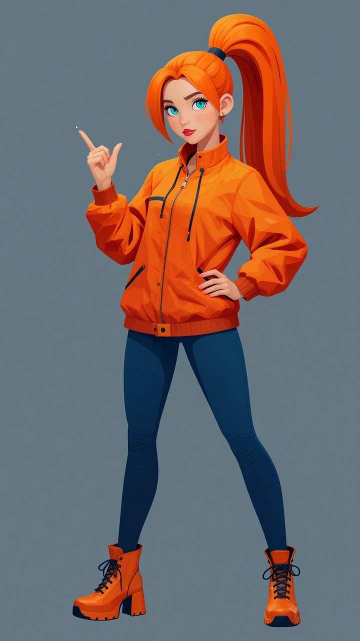 Masterpiece, original character, orange egamer woman with high ponytail, stylized illustration, original character, full body of a woman around 25 years old,