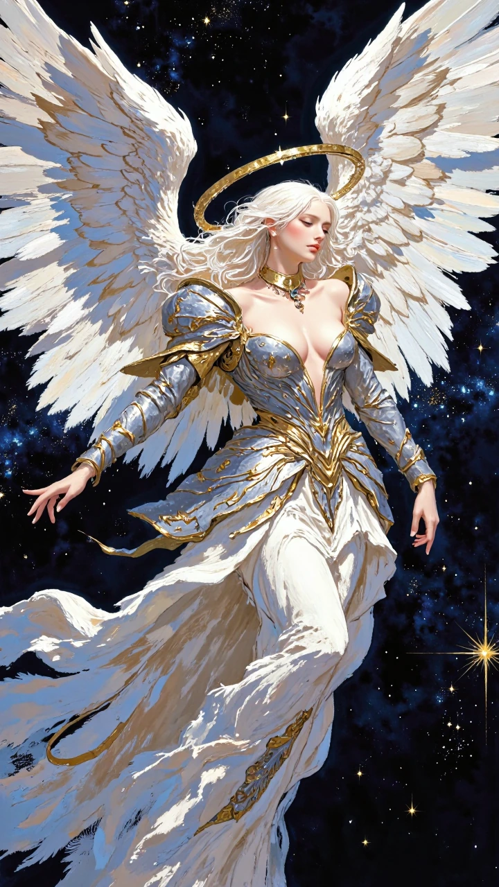a highly detailed, digital artwork depicting an angelic figure with long, flowing white hair and large, feathered wings. The angel has a serene expression, with her eyes closed and mouth slightly open. She is dressed in an ornate, flowing dress made