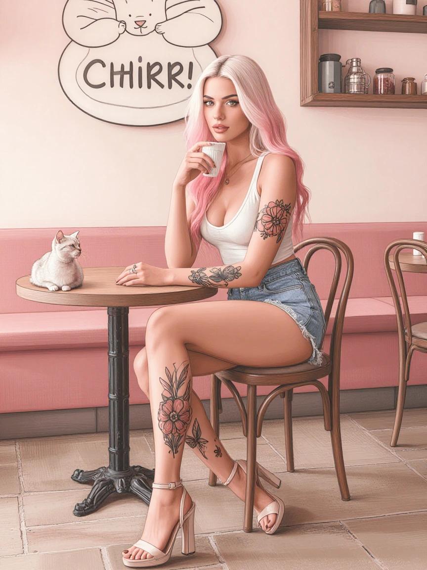 beautiful platinum woman at a cafe, with a cat, flower tattoo, pastel pink ombré hair, full body, beautiful pastel background, luminism, ink illustration, artsy