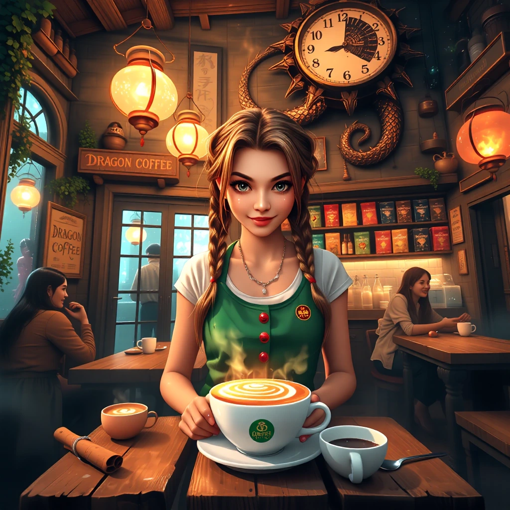 A whimsical fantasy coffee shop illustration set in a cozy enchanted café overflowing with warmth and charm. At the center stands a beautiful barista 