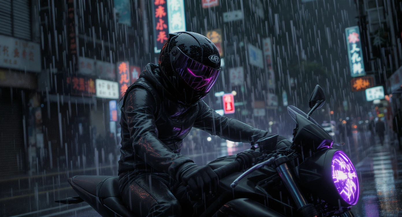 sleek anime motorcyclist glossy black clothing and helmet / shiny reflective visor (reflection of cyberpunk advanced ornate city in helmet visor), nig