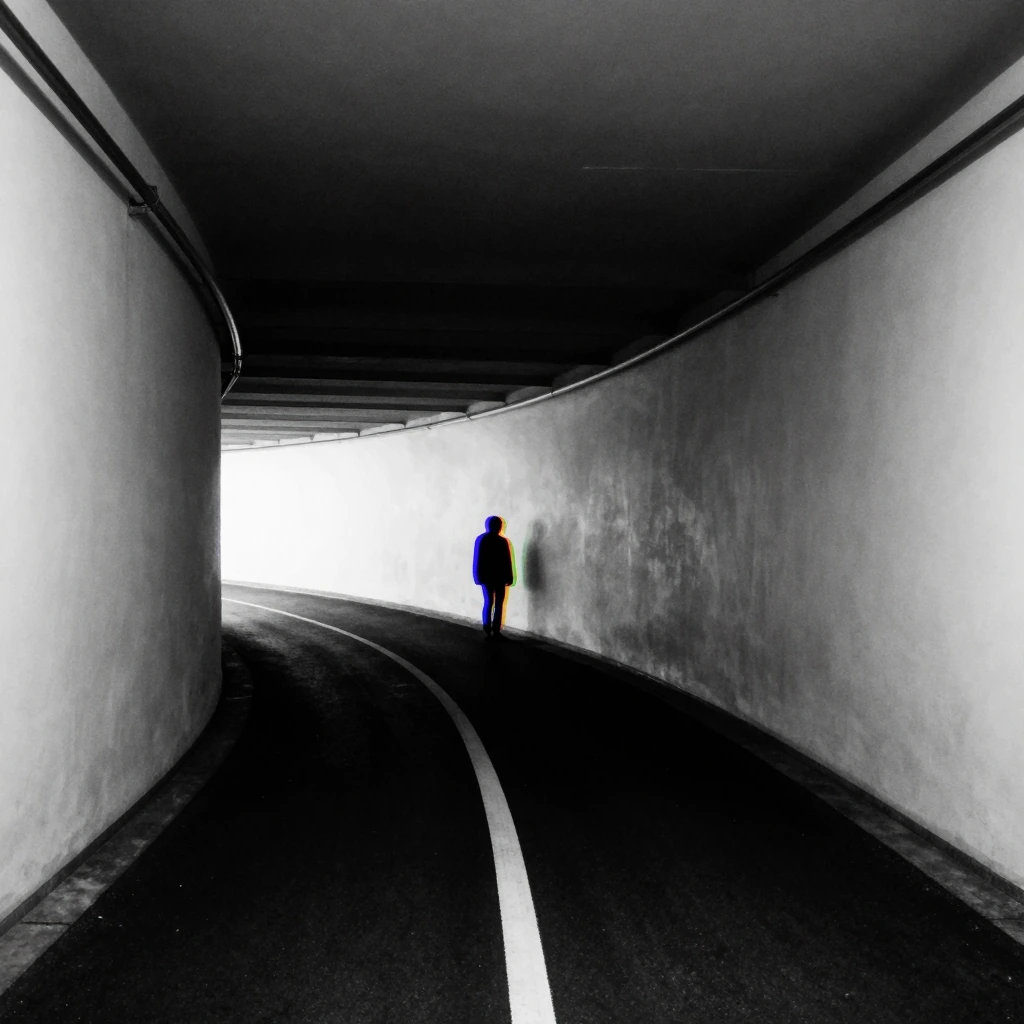 a person in tunnel , black and white line