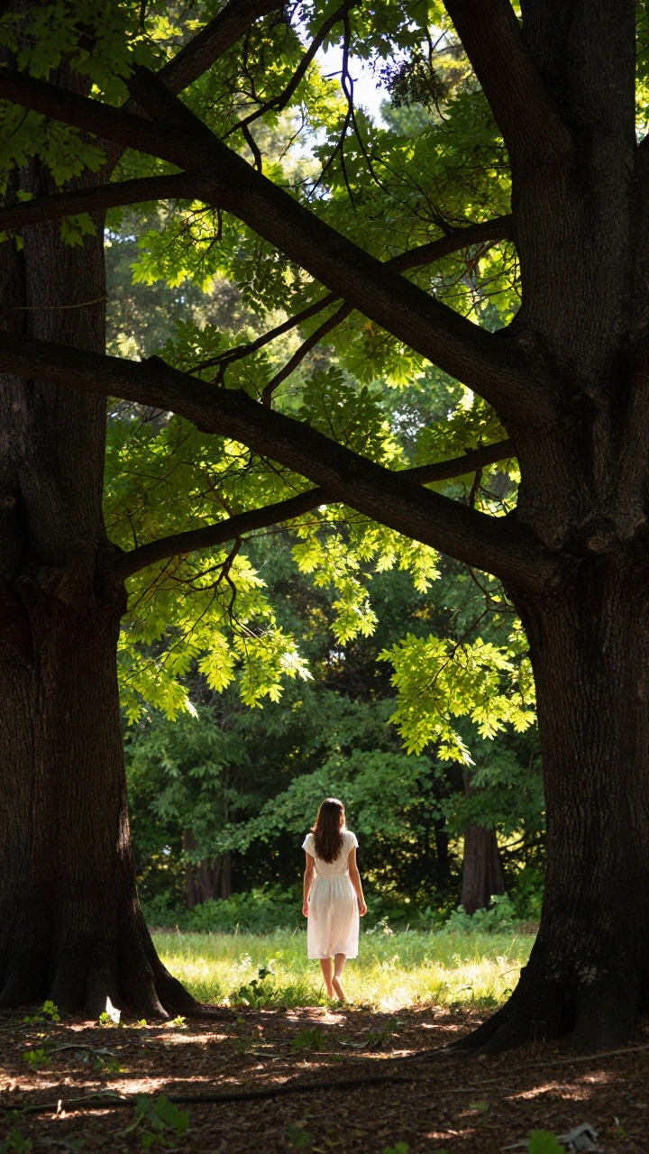 a young woman walking barefoot through a sun-dappled forest, framed by the arching branches of two large trees in the foreground, vibrant greens and earthy tones, natural light filtering through the trees, peaceful and serene atmosphere, detailed fol