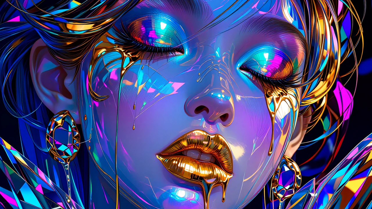 Ethereal close-up portrait, molten gold lips dripping liquid metal streams, electric cyan-to-violet gradient skin, iridescent peacock blue eyeshadow, 