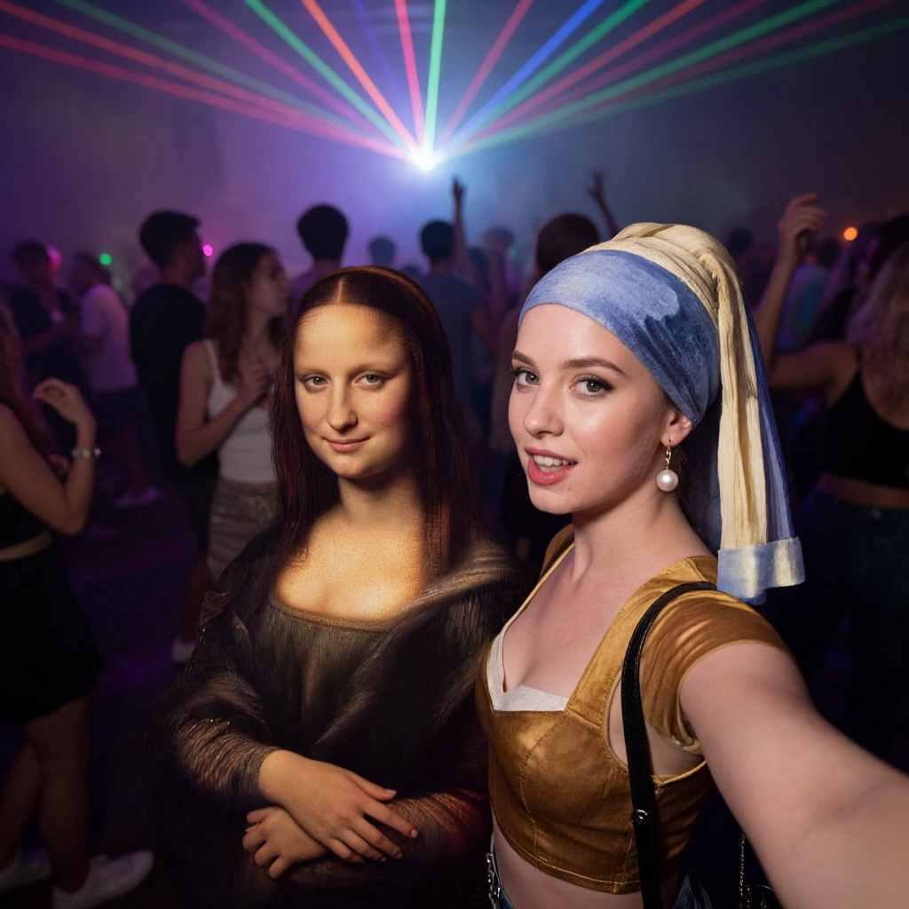 Ultra-photorealistic scene of a ‘Mona Lisa’ and ‘Girl with a Pearl Earring’ in a wild modern rave party. Both girls' outfits are stylized to modern fashion but still keep the iconic base color palette and form that is easy to recognize. The two girls