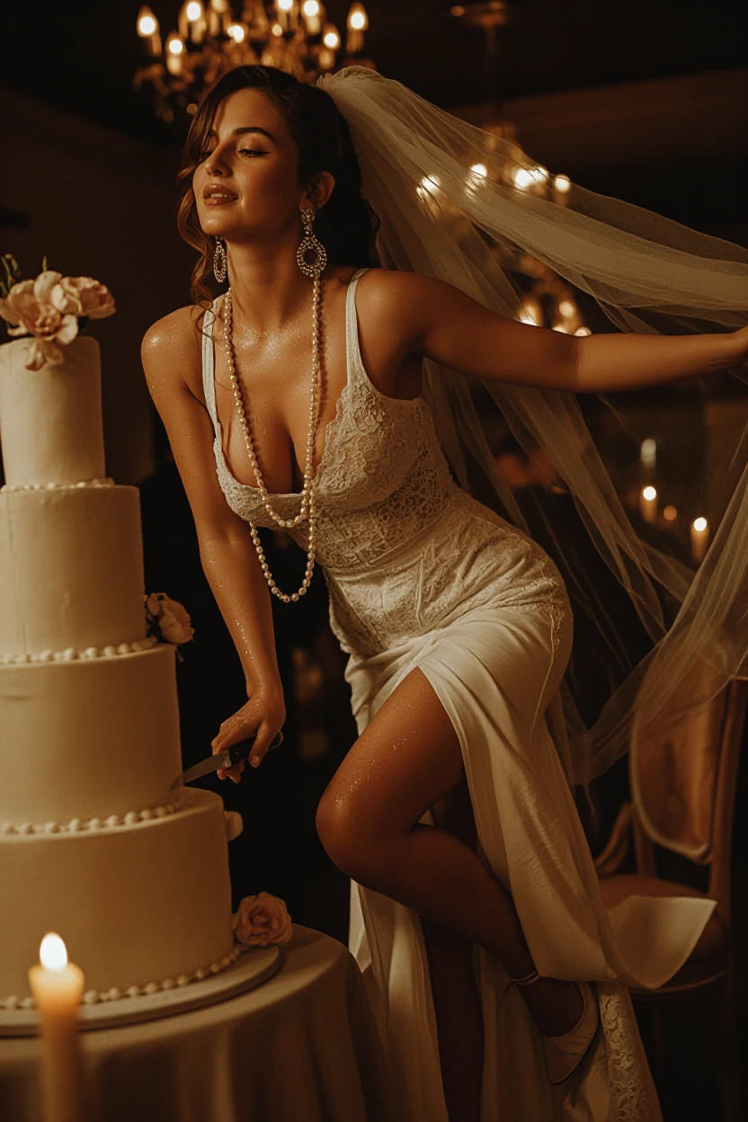 The bride leans forward over an elaborate multi-tiered wedding cake at the reception, knife in hand, spine subtly arched in anticipatory ecstasy, head