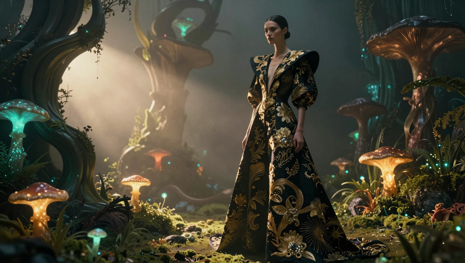 Full-body medium shot of avant-garde haute couture model, minimalist biomorphic silhouette, luxurious black brocade with intricate gold-brass embroidery, surrounded by surreal dreamlike garden, impossible flowing plant forms, luminescent fungi, organ
