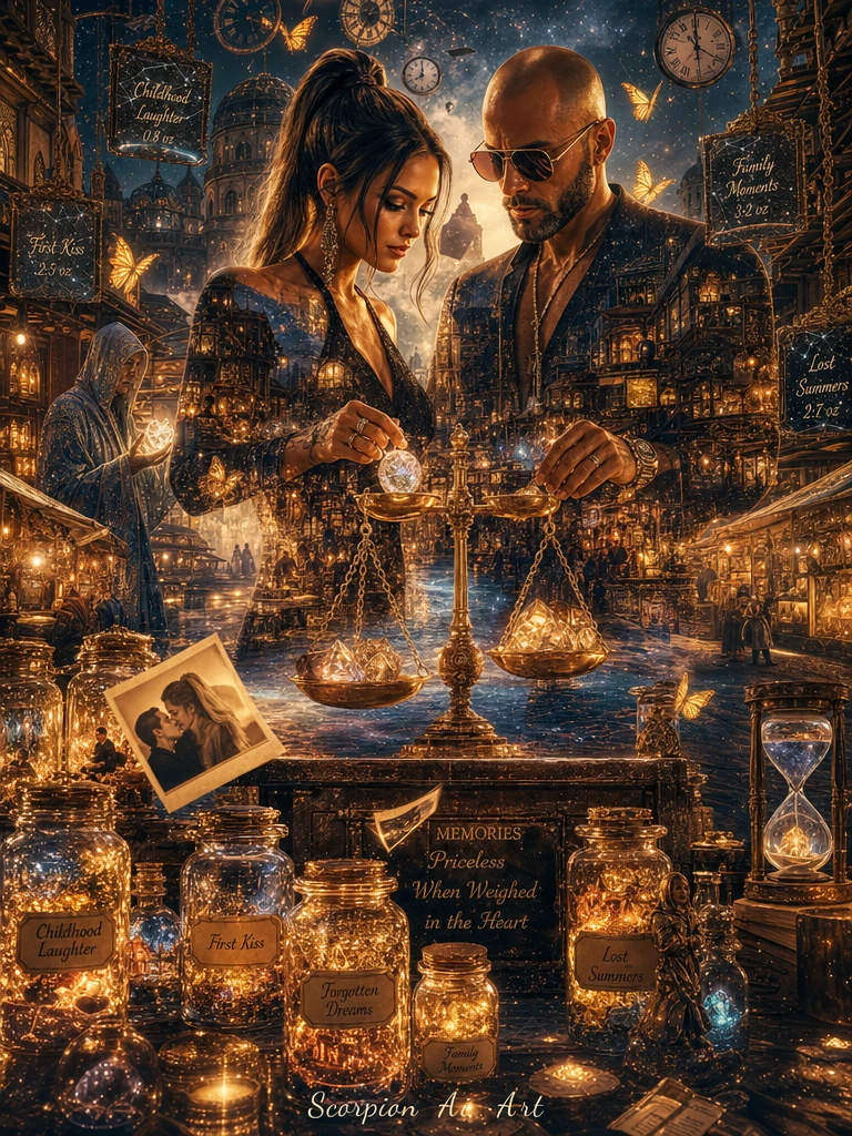 Create an ultra-detailed cinematic double exposure masterpiece set within a mystical marketplace where memories are bought and sold by weight. A stunn