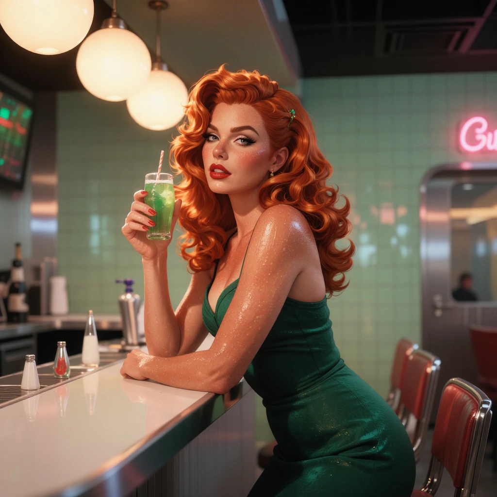 a striking redhead woman in a deep emerald dress at a 1940s soda shop counter, glossy skin catching…