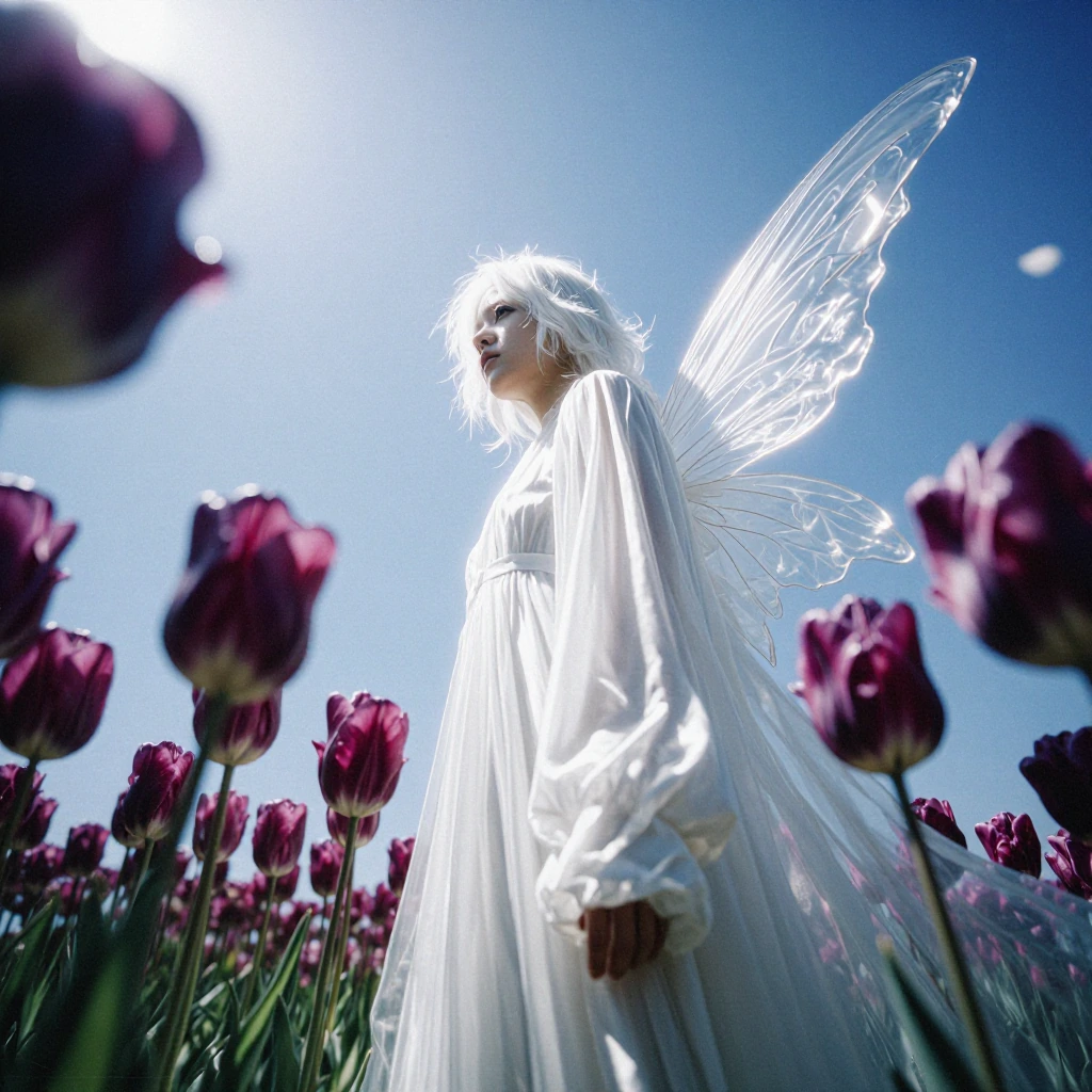 A dreamlike, ethereal shot, taken from a low angle, of a celestial fairy with luminous white hair, standing in a field of deep aubergine-coloured tulips. She wears a flowing, semi-transparent white silk dress that blends into gossamer, ethereal wings