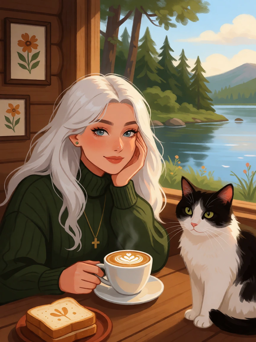 Comfortcore photography woman platinum hair and her cat in a cabin by a lake, fancy latte, cottagecore artsy designs