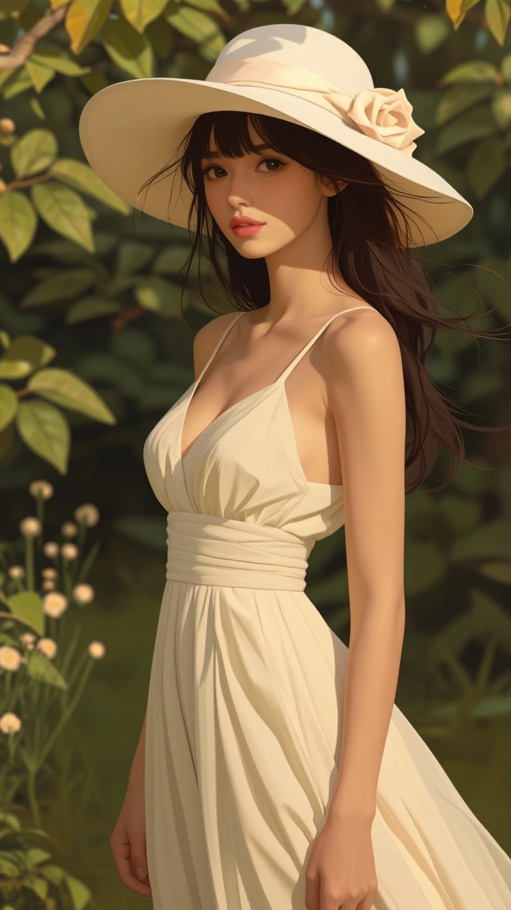 Digitally rendered, romantic garden portrait of a young woman standing outdoors among lush green foliage and subtle flowering plants, wearing a large 