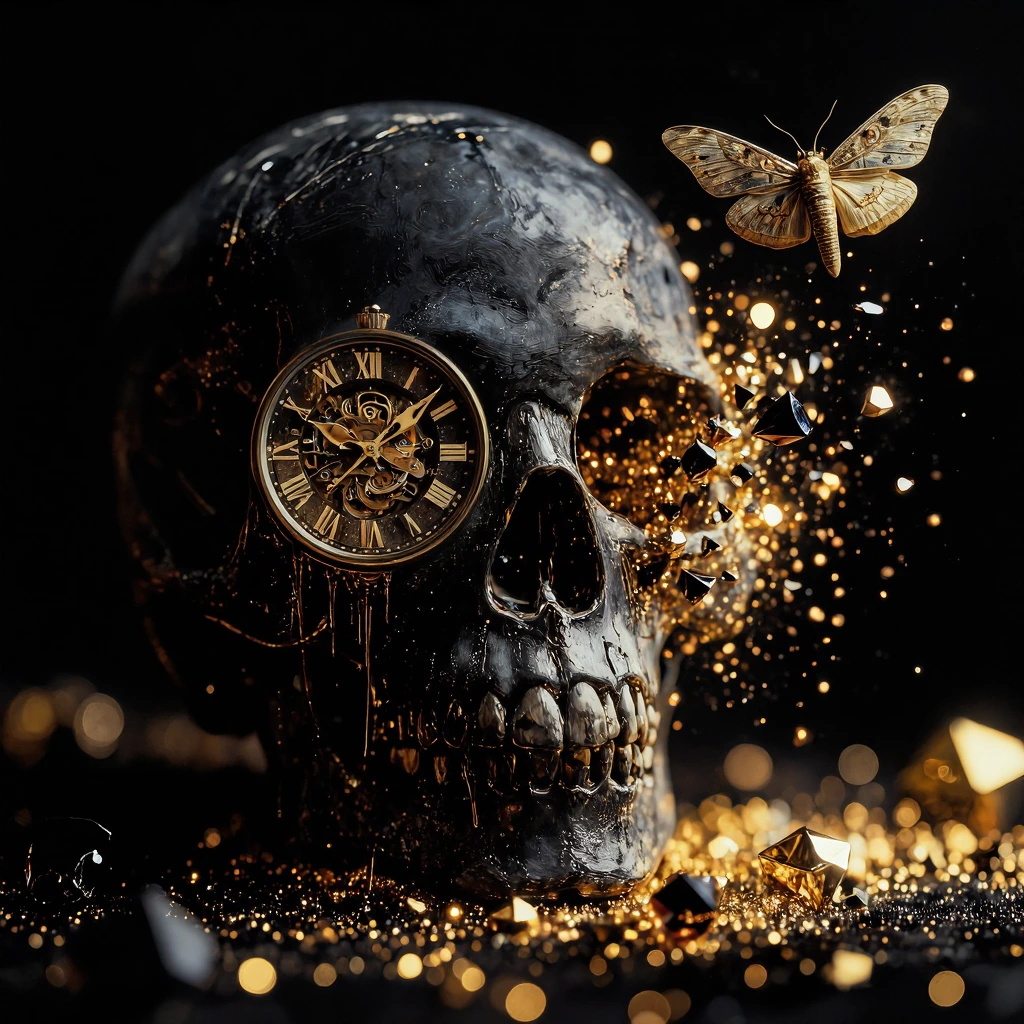 A spectacular, hyper-realistic macro photograph of a matte black human skull against a dark, smoky and ethereal background. A precise and detailed vin