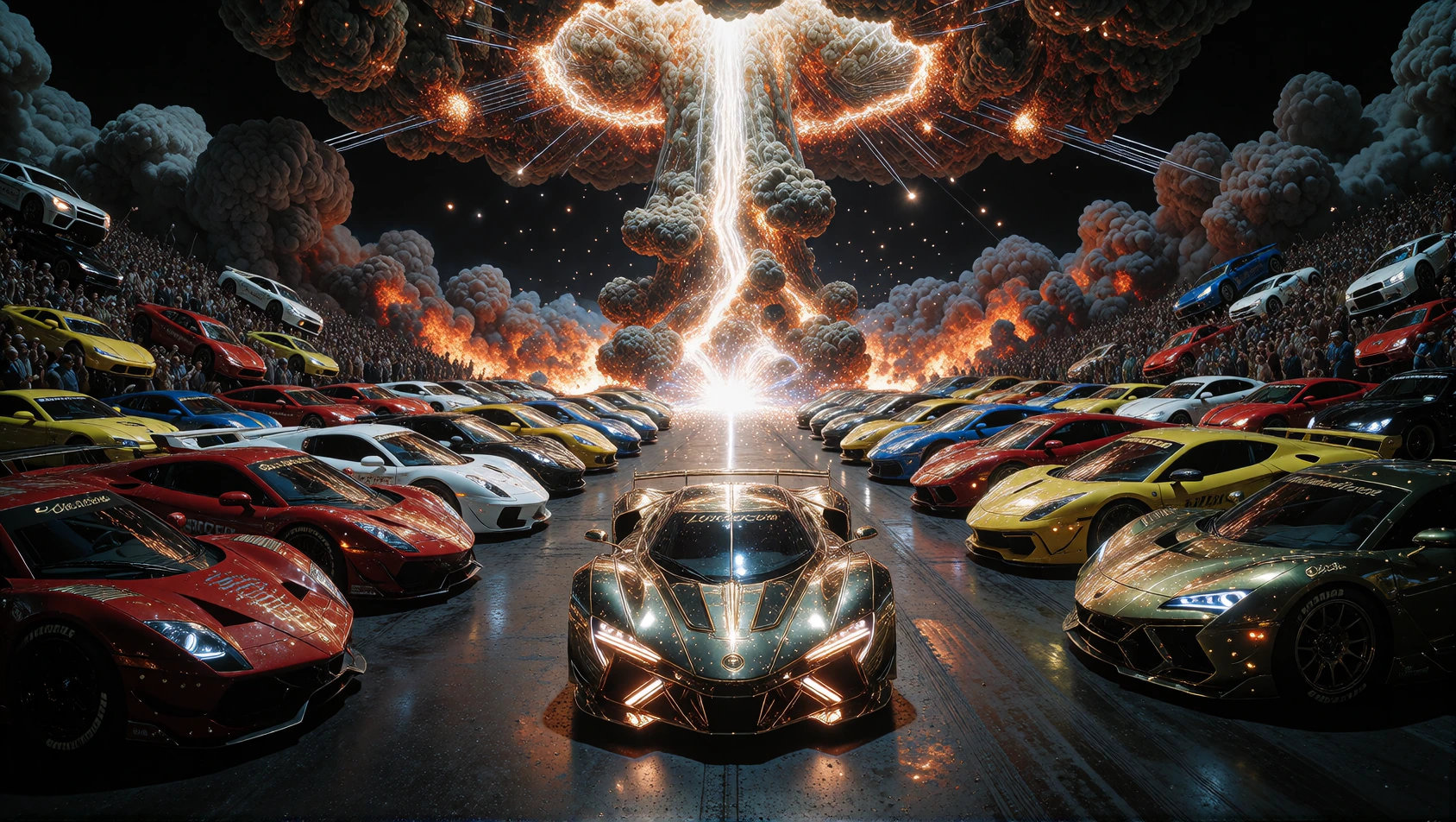 Shot 1: A Horde of different Supercars line up on the left hand side of the screen and start a drag race. Shot 2: A second Horde of different Supercars line up on the right hand side of the screen and start a drag race. Shot 3: Aerial Shot of the two