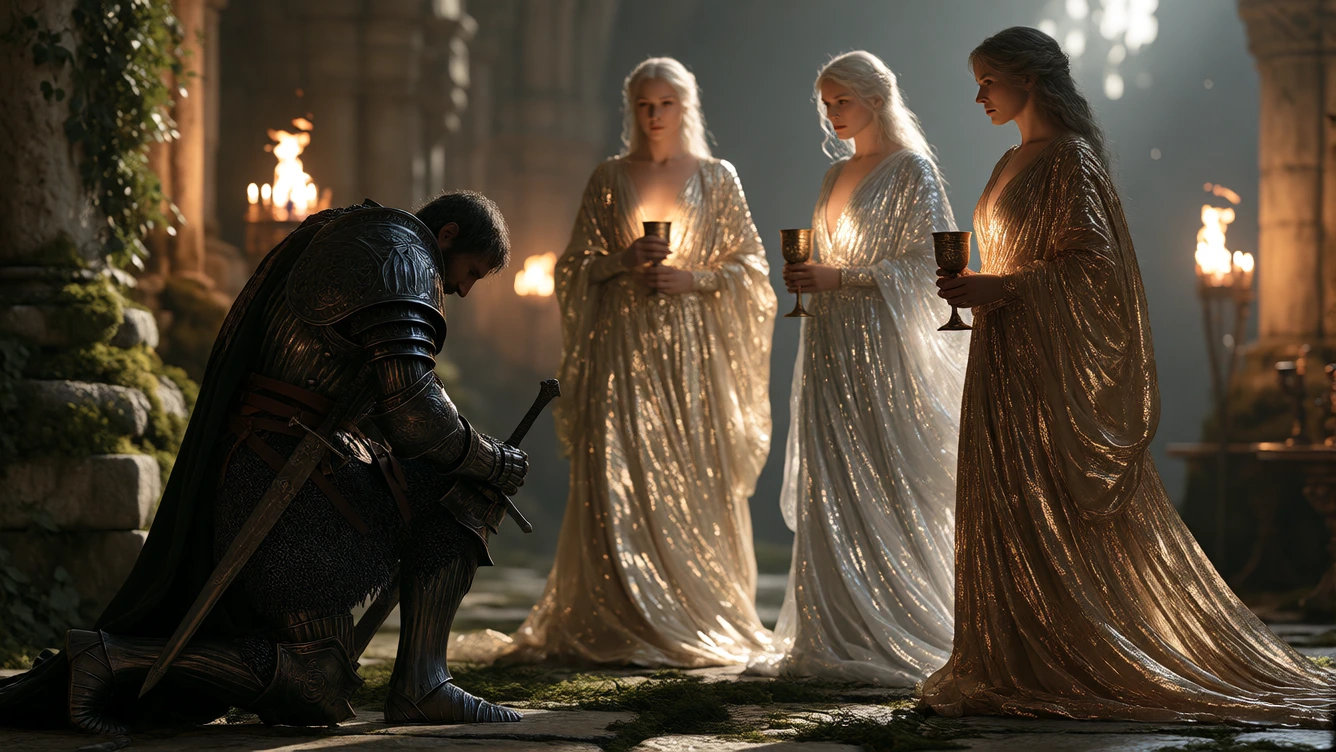 A photorealistic darkarmoured knight kneels solemnly on weathered stone flooring, his obsidianplated armour etched with intricate battle engravings, facing three ethereal witches draped in shimmering metallic gowns gold, silver, and bronze respective