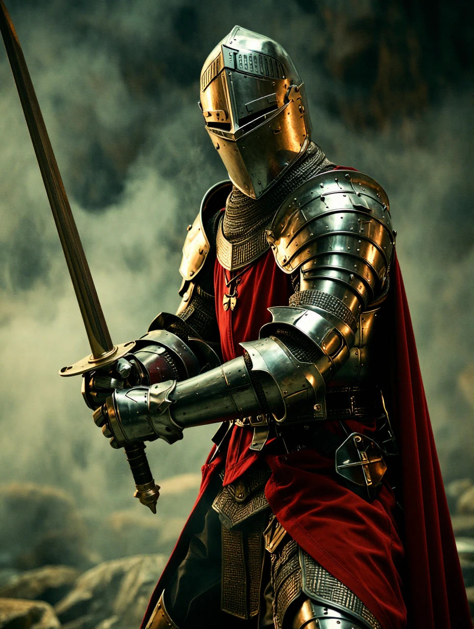 A knight in red and silver plate armour, holding a longsword in a ready stance, with a helmet featuring a visor and ventilation slits, and a red surcoat draped over the armour.