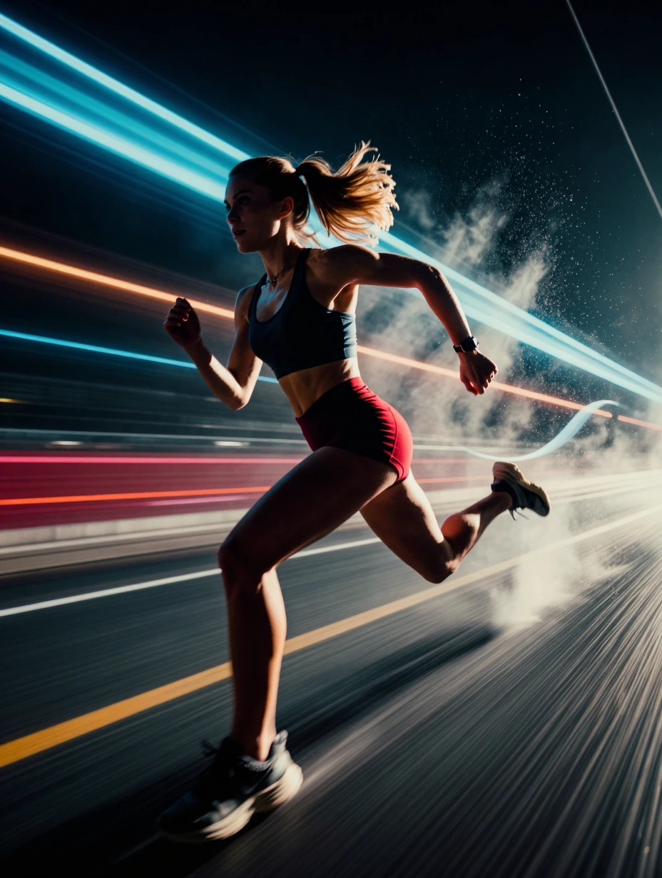 Fast-moving woman running with dynamic motion blur effect, streaking light trails, kinetic energy visualization, high-speed photography aesthetic, blurred background with directional movement, vibrant color separation along blur trails, cinematic vel