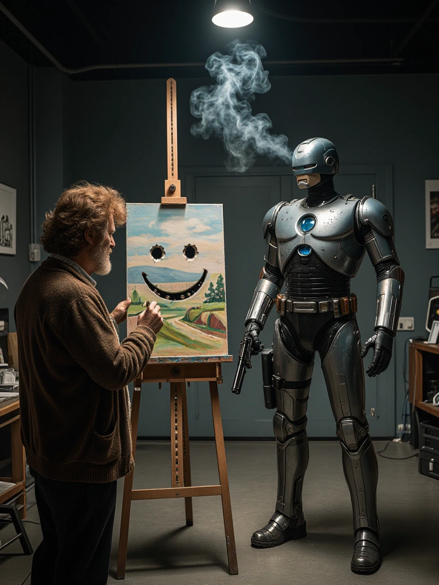 Bob Ross and RoboCop side by side at easels in a single overhead studio light. Ross in his signature cardigan, brush poised mid-stroke at a serene landscape. RoboCop in full tactical stance, smoking Auto-9 lowered, his canvas perforated by bullet hol