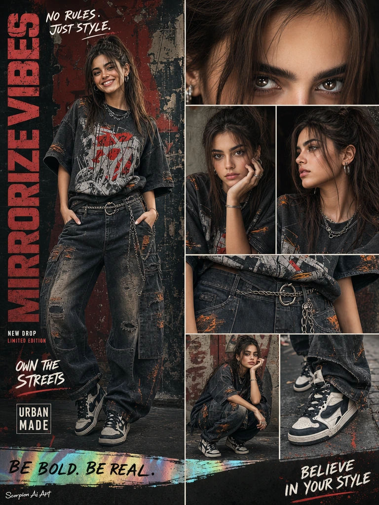 Ultra-realistic IMAX-level Netflix-style cinematic urban-streetwear collage poster, 9:16 vertical composition, use the uploaded image as the primary facial, outfit and layout reference with maximum face consistency across every frame. Create a dense