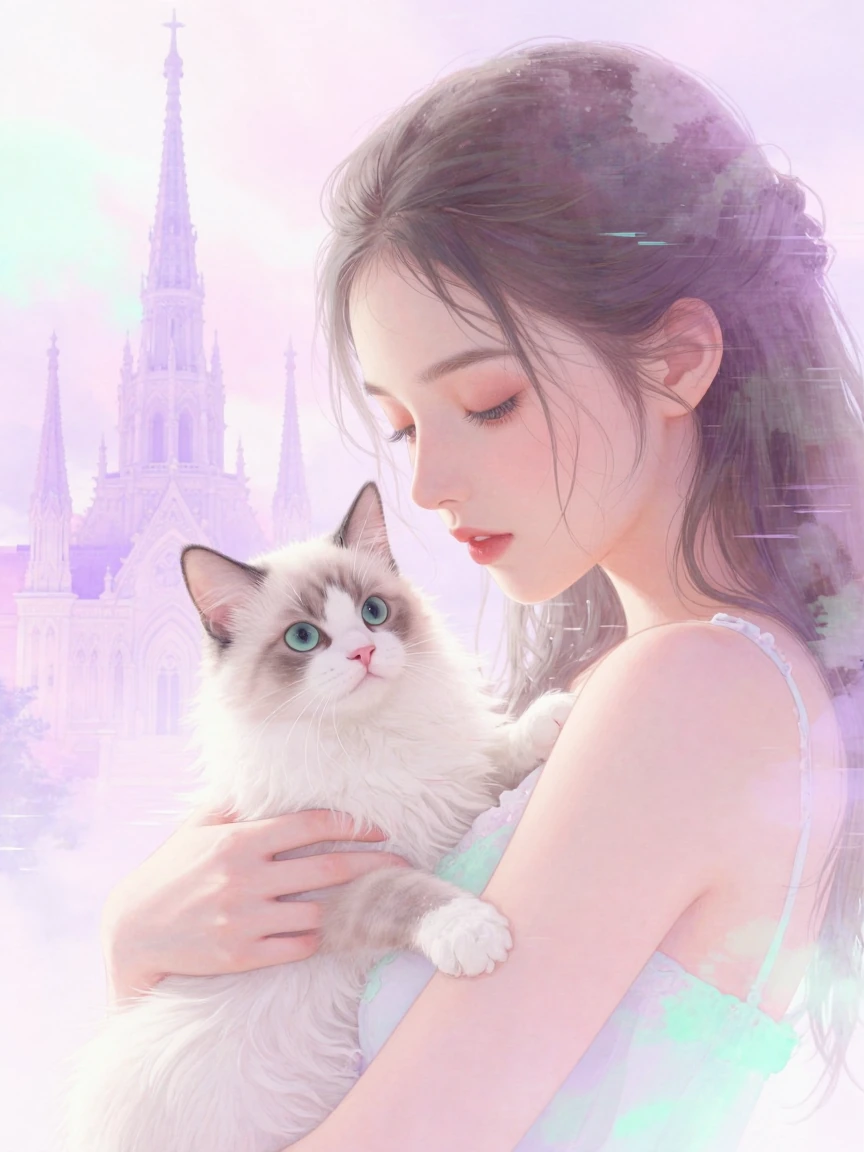 a beautiful woman with a cat, ethereal and glitchy aesthetic, pastel color palette with soft pinks, lavenders, and mint greens, dreamy spire architecture in the background, digital glitch effects overlaying the scene, soft diffused lighting, watercol