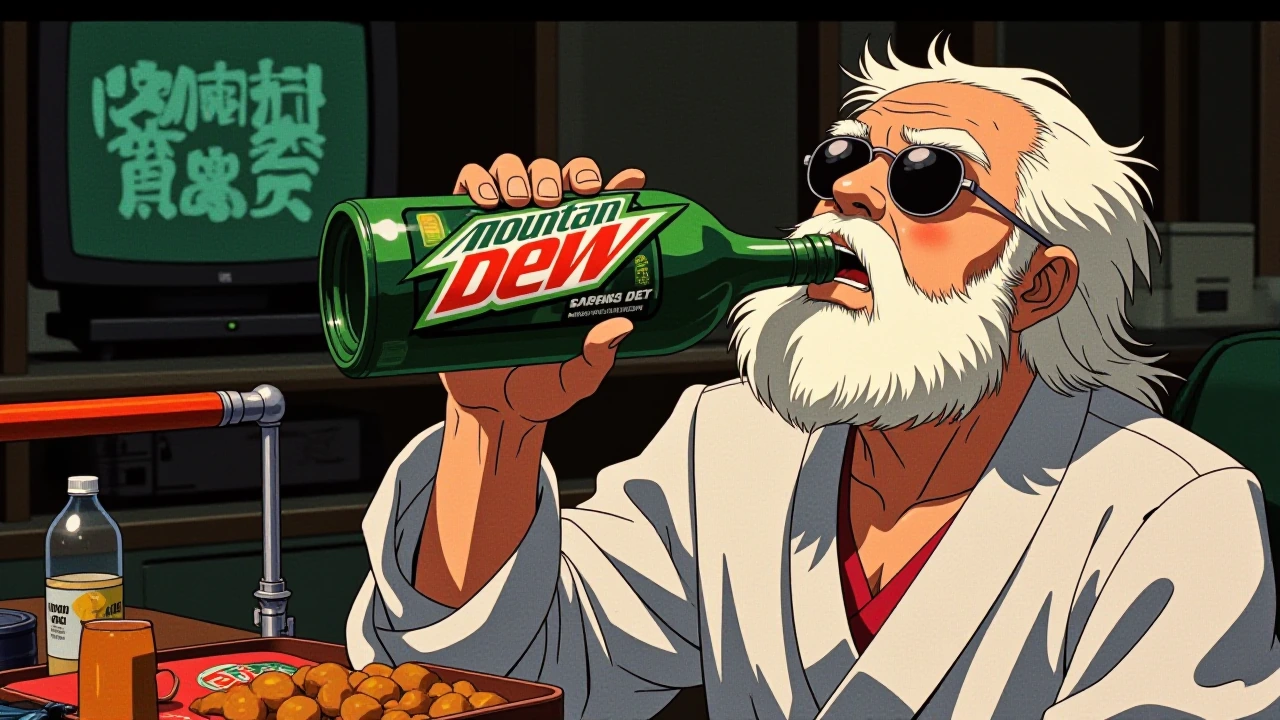 Master Roshi chugging the world's largest bottle of Mountain Dew.