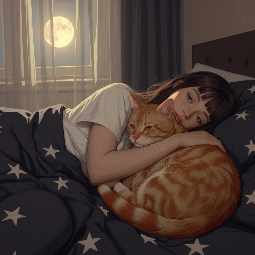 A woman lying in bed under star-patterned blankets with her orange cat curled against her chest, moonlight streaming through sheer curtains.