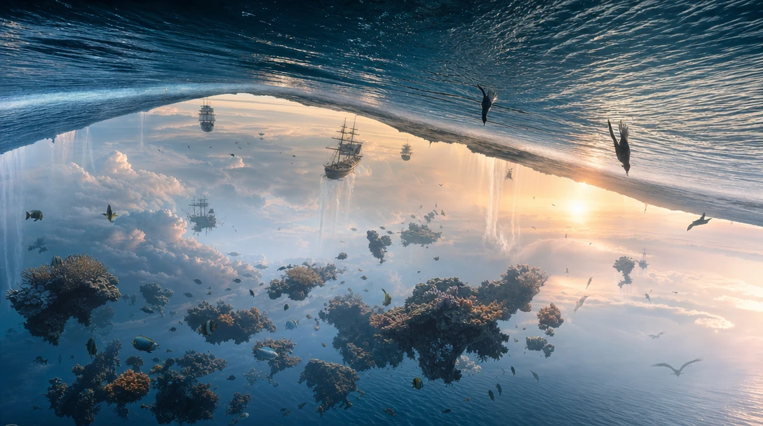 Inverted seascape at dawn: ocean surface curves upward into sky while clouds cascade downward as liquid waterfalls, ships sail inverted on clouds, coral reefs drift suspended between sea and sky, fish swim through mist, birds dive into overhead waves