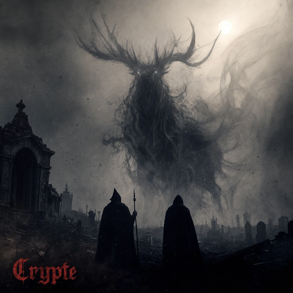 A cinematic, ultra-detailed photograph of a monumental, ethereal entity, shrouded in mist, taking the ghostly, blurred form of a sort of imposing stag with massive antlers. This misty entity is composed of swirling dark smoke and dense fog; its centr