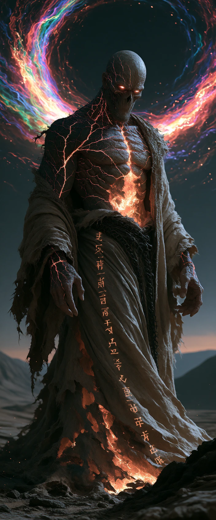 A hyperrealistic, gothic portrait of a towering, malevolent Wizard Sorcerer, bathed in dramatic, shadowy light. His skin is cracked and scarred like ancient parchment, with veins of glowing, ethereal energy pulsing beneath the surface. His eyes, burn