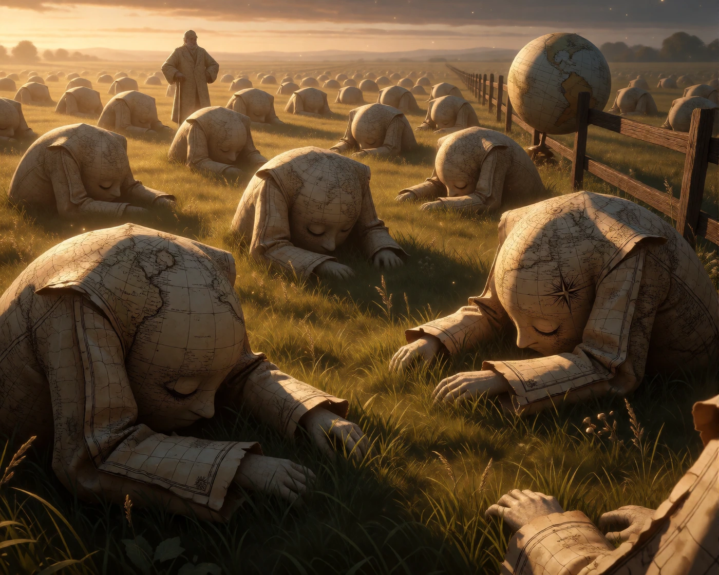 A vast golden pasture at dusk where retired antique maps live like weary old creatures, each with a subtly human-like presence — their parchment bodie