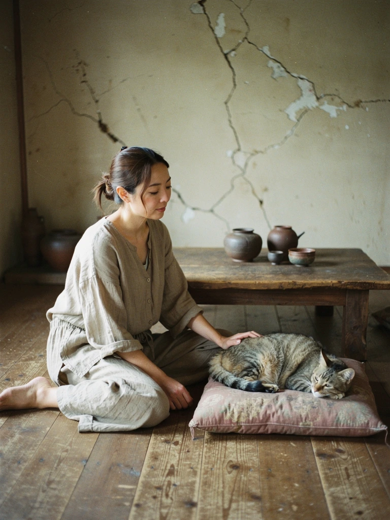 Woman and her cat wabi-sabi style