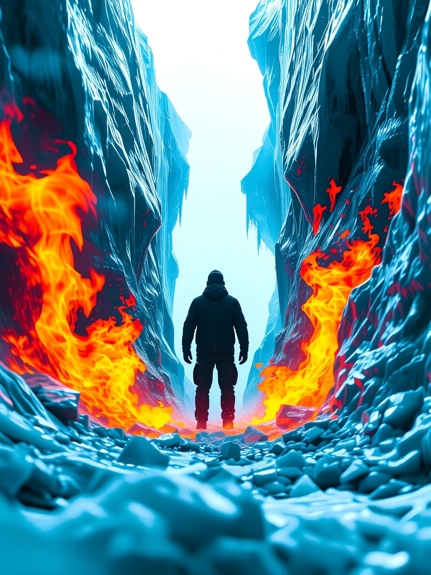 A silhouetted figure standing in the exact center where molten orange fire meets deep blue glacial ice, the two elements colliding and swirling around