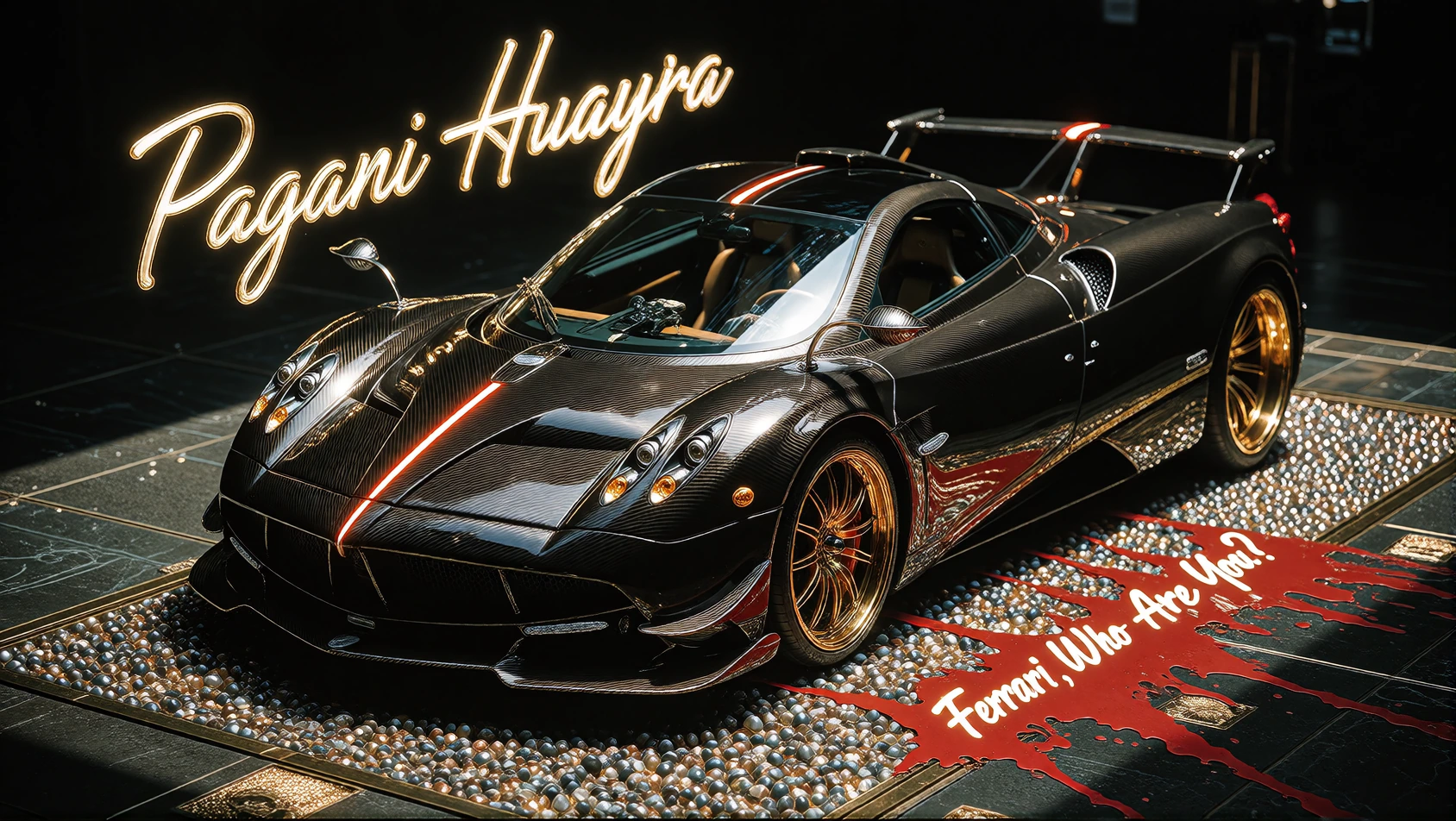 Pagani Huayra Hyper-Car in Carbon Fibre Colours standing on a majestic raised glass plinth with an empty background. Top Left Title: "Pagani Huayra" written in Golden Bold Flowing Script. With a bottom right tagline written in jagged bleeding crimson