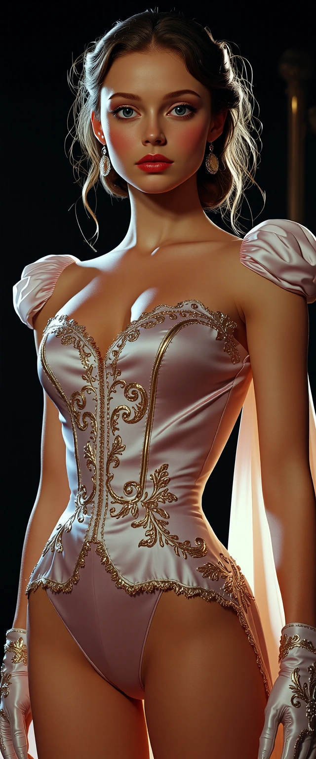 Ultra-photorealistic, hyper-detailed, full-body image of a young beautiful princess in a powerful, confident pose. Cinematic realism, sensual dominance conveyed through body language, posture. She stands with subtle hip tilt and arched spine, shoulde