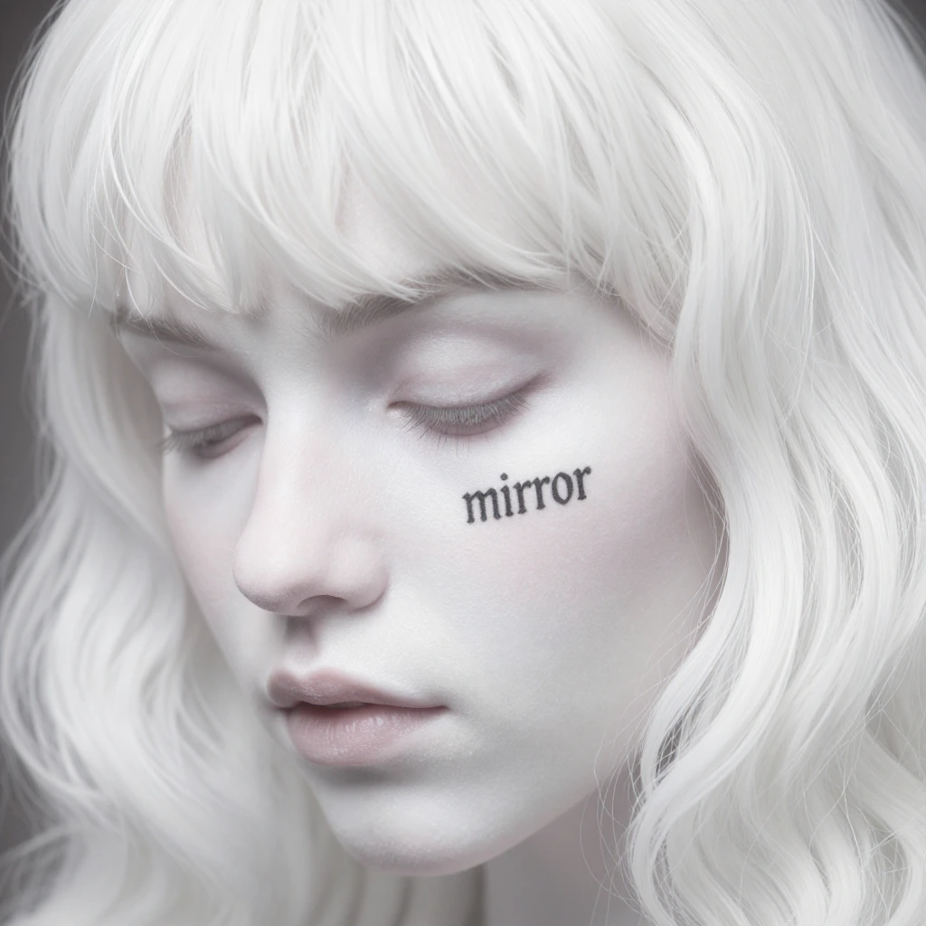 extreme close-up portrait of an albino woman's face filling the entire frame, completely monochromatic white palette, pale luminous skin, straight sleek hair with flat blunt bangs framing the face, eyes closed with serene expression, the word "mirror