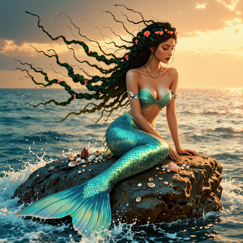 A breathtakingly beautiful brunette mermaid sitting gracefully on a weathered ocean rock at sunset, her long hair styled in elegant flowing braids with vibrant coral pieces and lush green seaweed woven throughout, strands gently moving in the sea bre