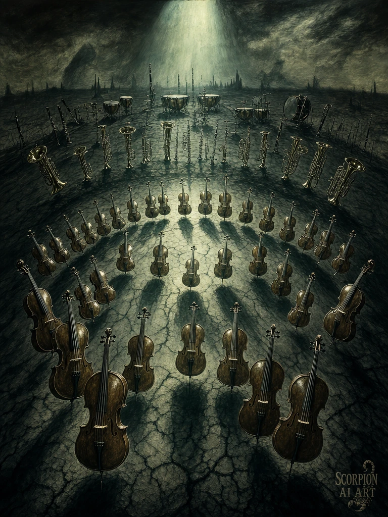 #promptshare Prompt by the brilliant @omalleywilliam Orchestra of sorrow, set in a field where nothi…