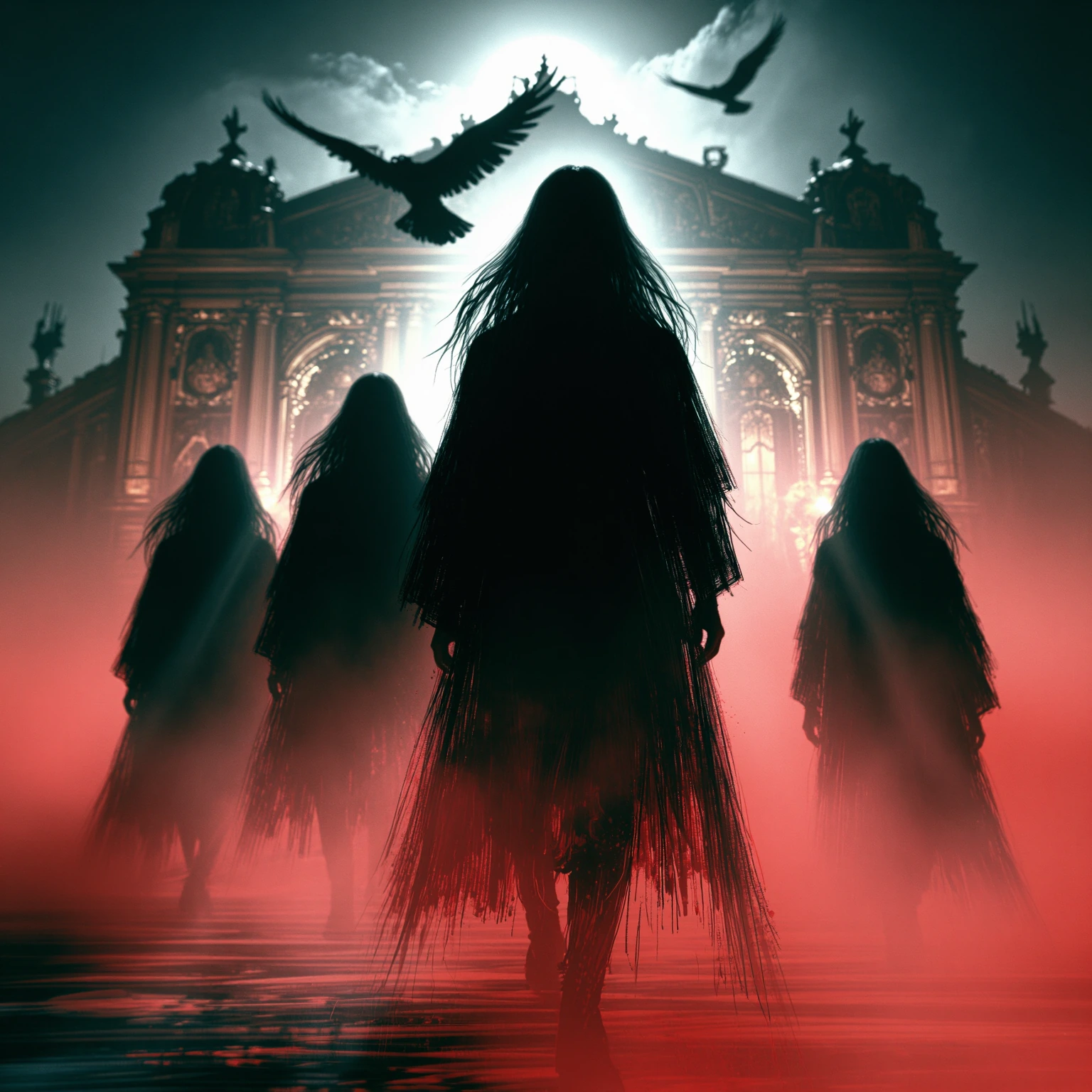 A cover photograph in the style of a dark, gothic film poster. In the foreground, a group of four mysterious and enigmatic figures walk up steps shrouded in red mist. They are all clad in capes and dark clothing, most of them with long black hair. In