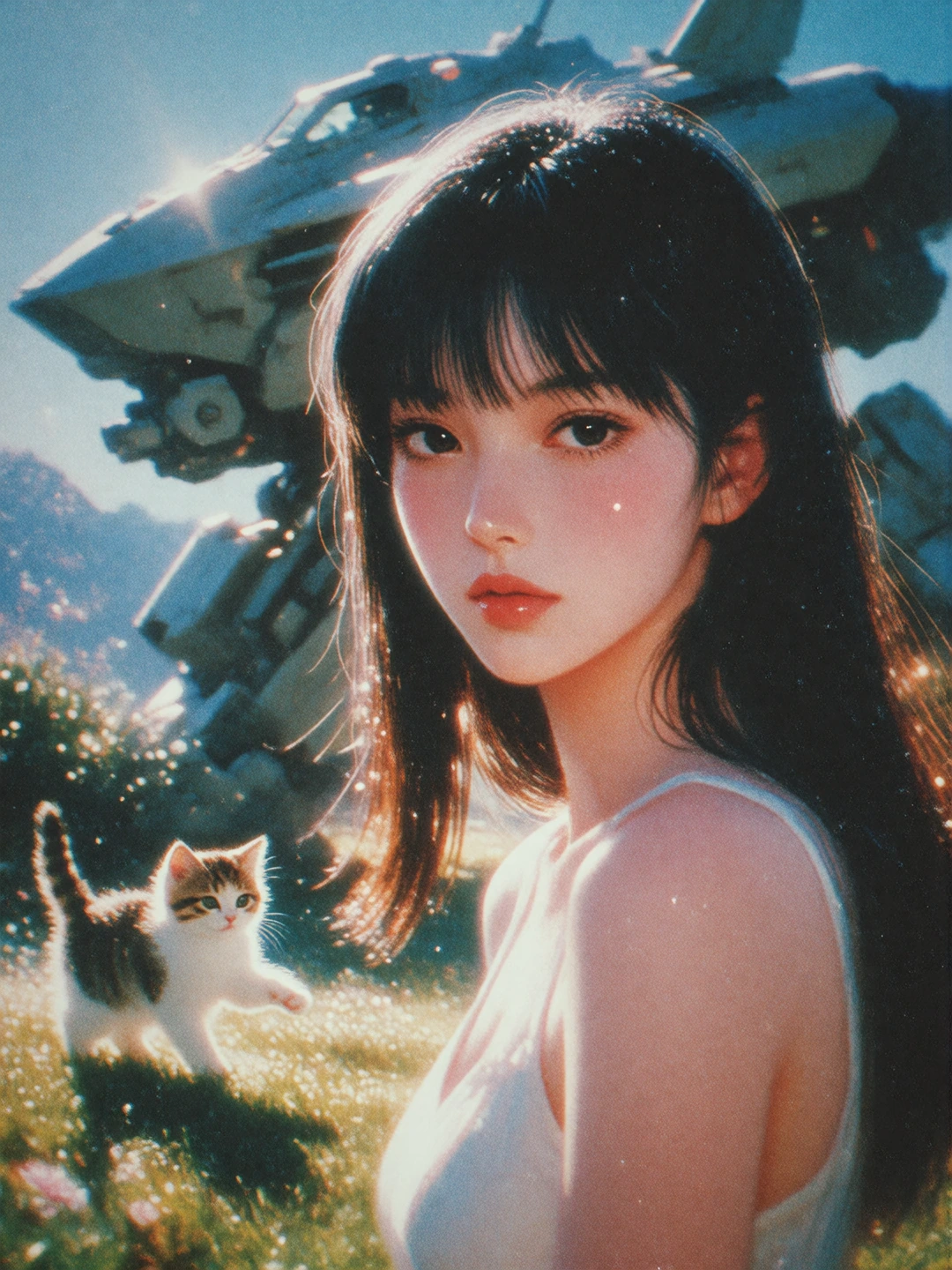 Beautiful manga style, woman, long black hair with bangs, with her mech in the morning light. Kitten playing in the sunlight, realistic, artsy style, airbrushed beauty.