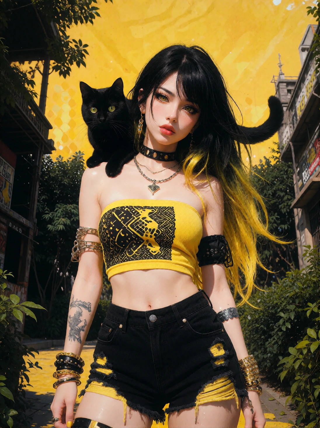 Beautiful woman black yellow ombre hair, cat on shoulder, yellow black jean cutoffs and yellow black tube top, India ink