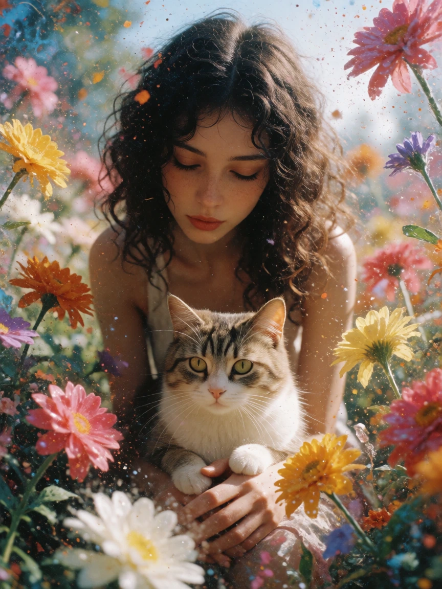 Woman with her cat. grainy, aesthetic, film camera based short video about flowers with supercut frames for a social media marketing video