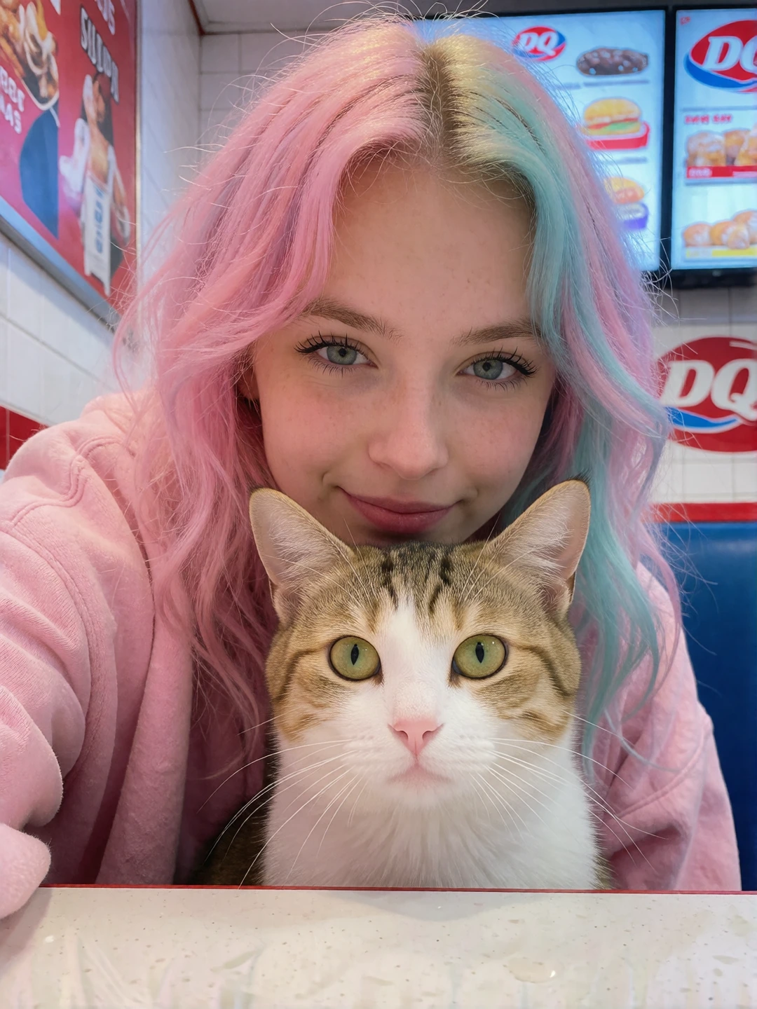 Crazy girlfriend pastel hair taking a selfie with her cat at DQ
