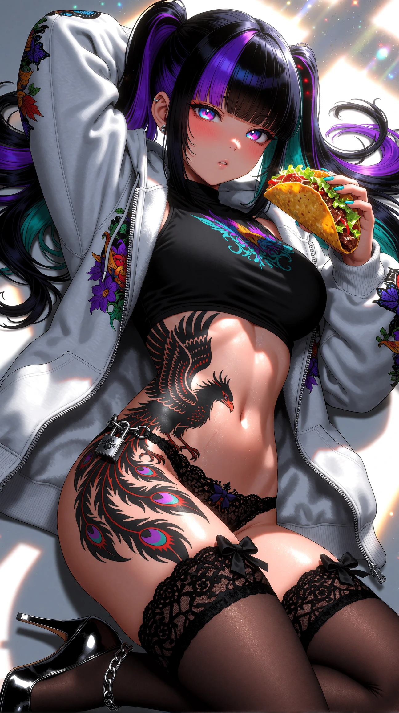 Masterpiece, best quality, ultradetailed 8K cinematic anime render, Rory Phoenix lying on her back with 1 arm raised behind her head. The other holds a taco. Soft seductive expression looking toward the viewer. Long black hair with bold purple and te