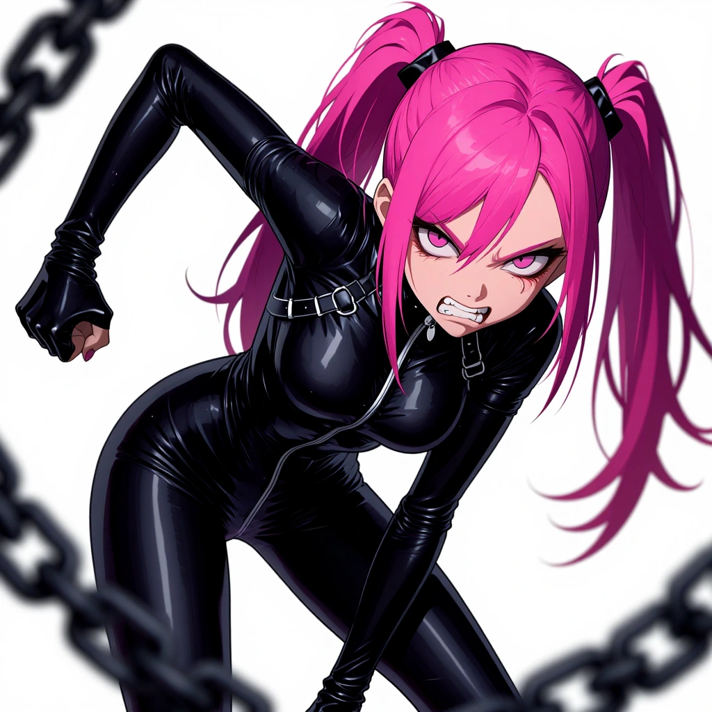 high contrast-flat color focus, masterpiece, best quality, high quality, absurdres, very awa, lineart, colorful, flat color, depth of field, (dynamic angle), dynamic pose, lulu_prime, hazel eyes, pink hair, black latex catsuit, chains, straps, dual p
